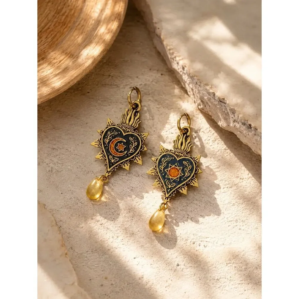 Free People Heart Star Moon Earrings Hoop Gold Celestial Boho Flower Southwest